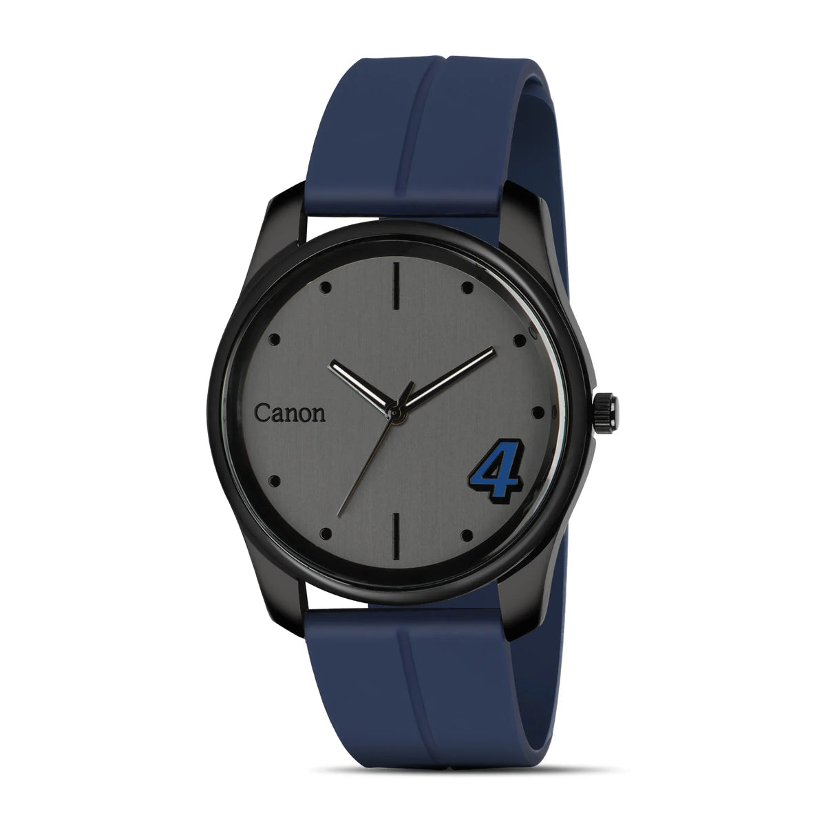 Analog wristwatch with gray dial, black case, blue rubber strap, and bold blue number 4