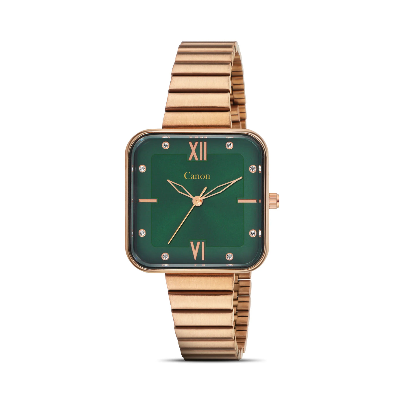 Rose gold square watch with green dial, Roman numerals, crystal markers, and metal link band