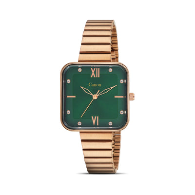 Rose gold square watch with green dial, Roman numerals, crystal markers, and metal link band