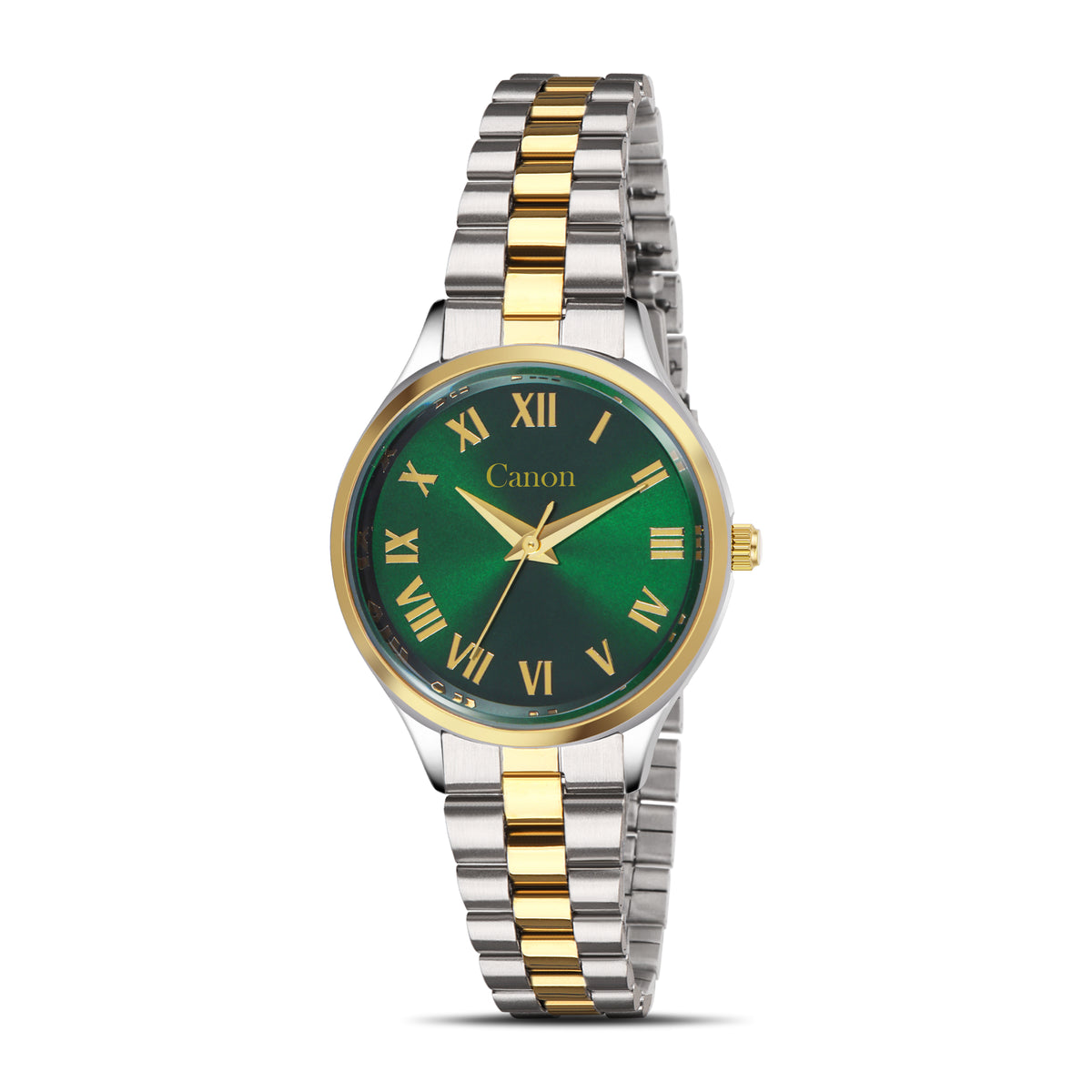 Green dial analog watch with gold Roman numerals and two-tone stainless steel band