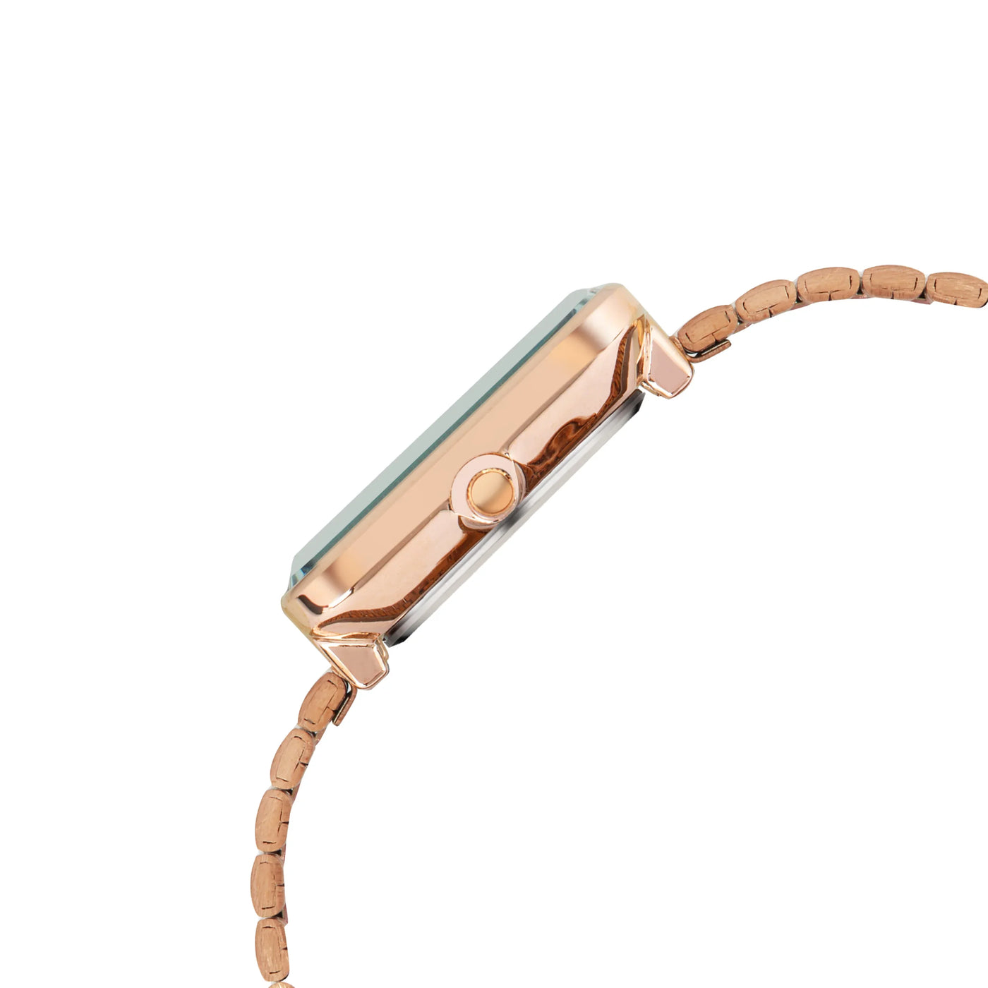 Side view of rose gold smartwatch with rectangular face and linked band on white background