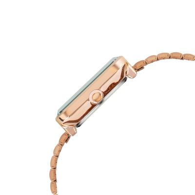 Side view of rose gold smartwatch with rectangular face and linked band on white background