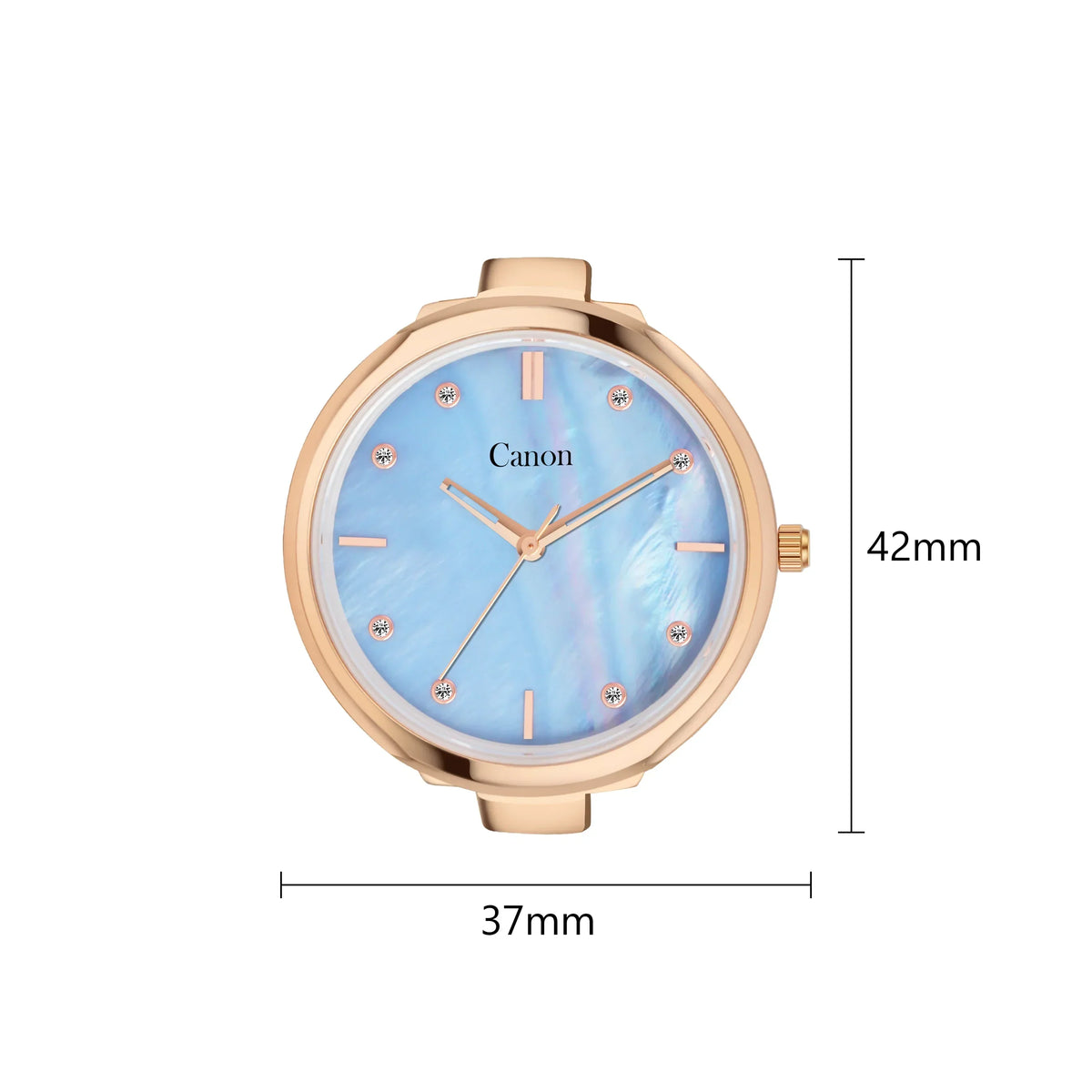Rose gold analog watch with blue mother-of-pearl dial, 42mm by 37mm case size