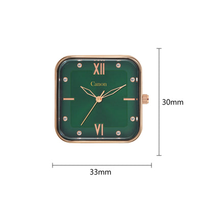 Square green Canon watch face with rose gold Roman numerals and diamond hour markers, 33mm by 30mm