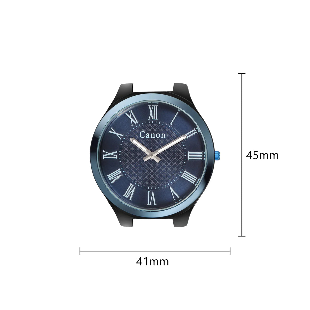 Canon analog watch with blue dial, Roman numerals, 45mm case, and 41mm width for men or women