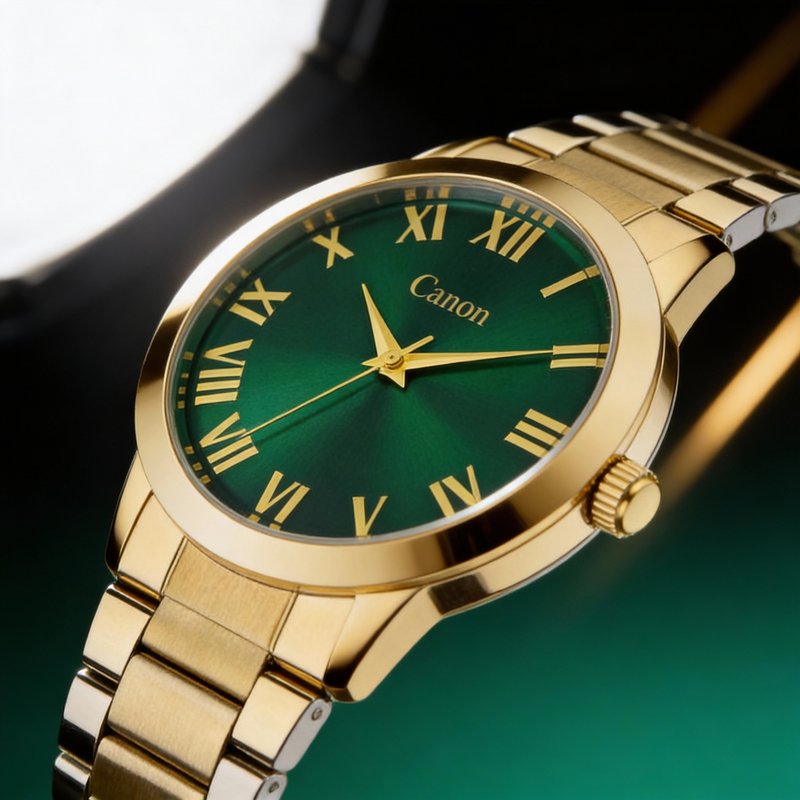 Canon gold analog watch with green dial and Roman numerals, premium elegant design