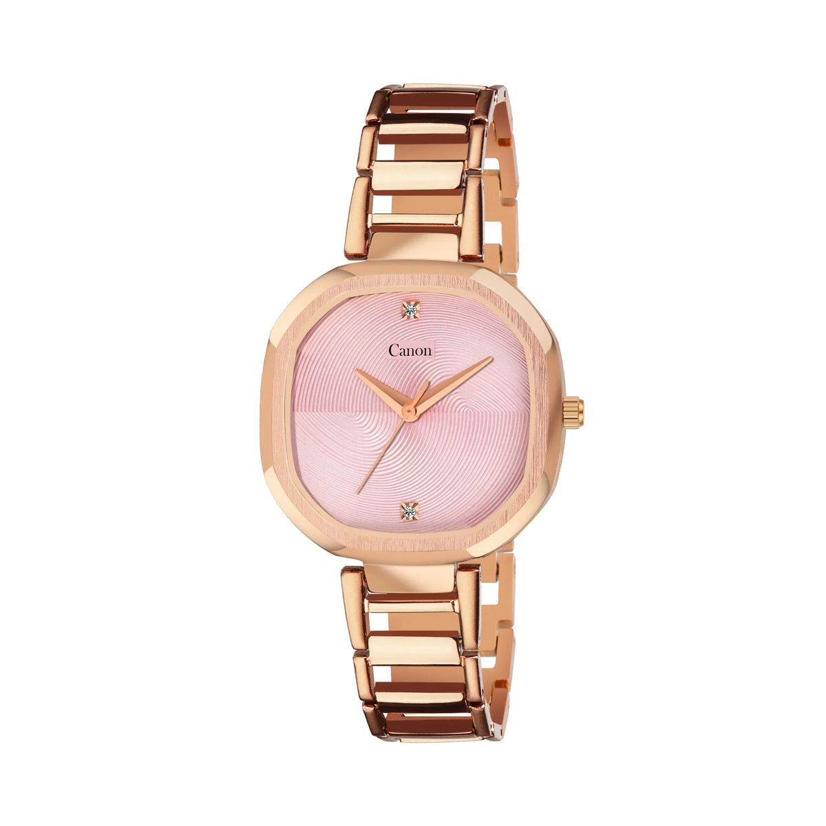 Rose gold analog watch with pink dial and crystal markers, elegant metal strap