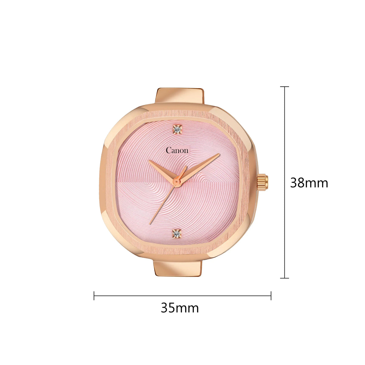 Rose gold analog watch with pink textured dial, crystal markers, 35mm x 38mm case