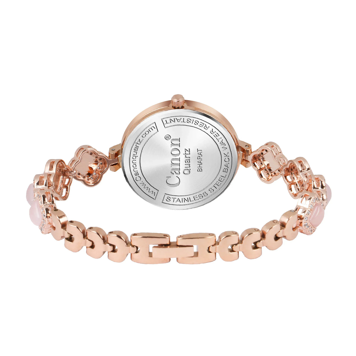 Rose gold analog women's watch with stainless steel case back and linked bracelet
