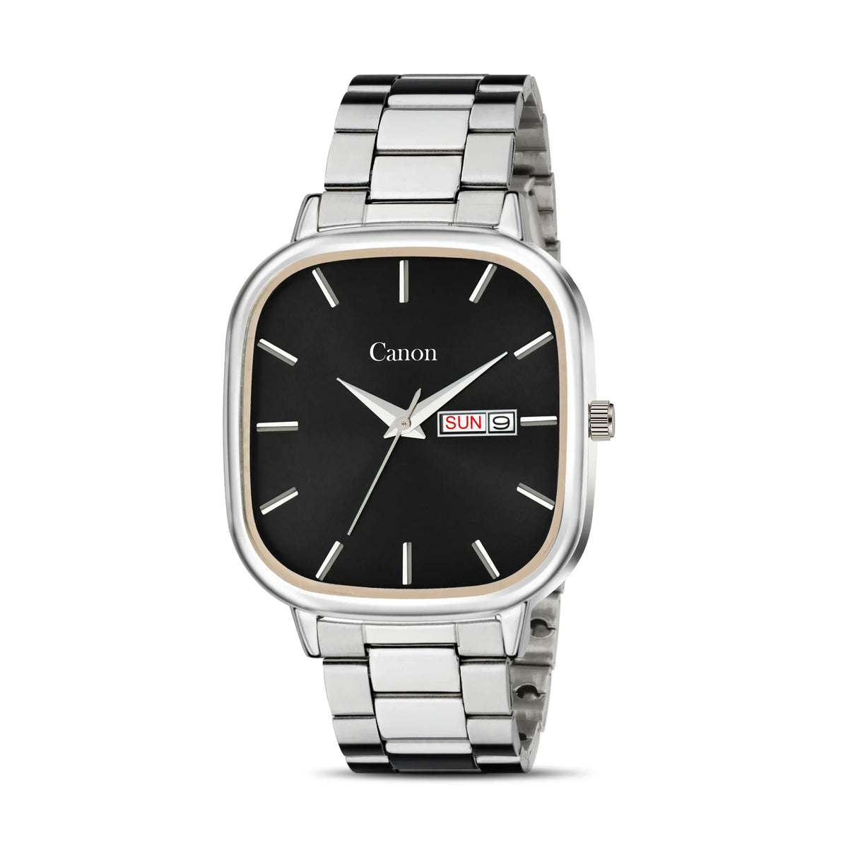 Men's analog watch with black square dial, silver strap, and day date display