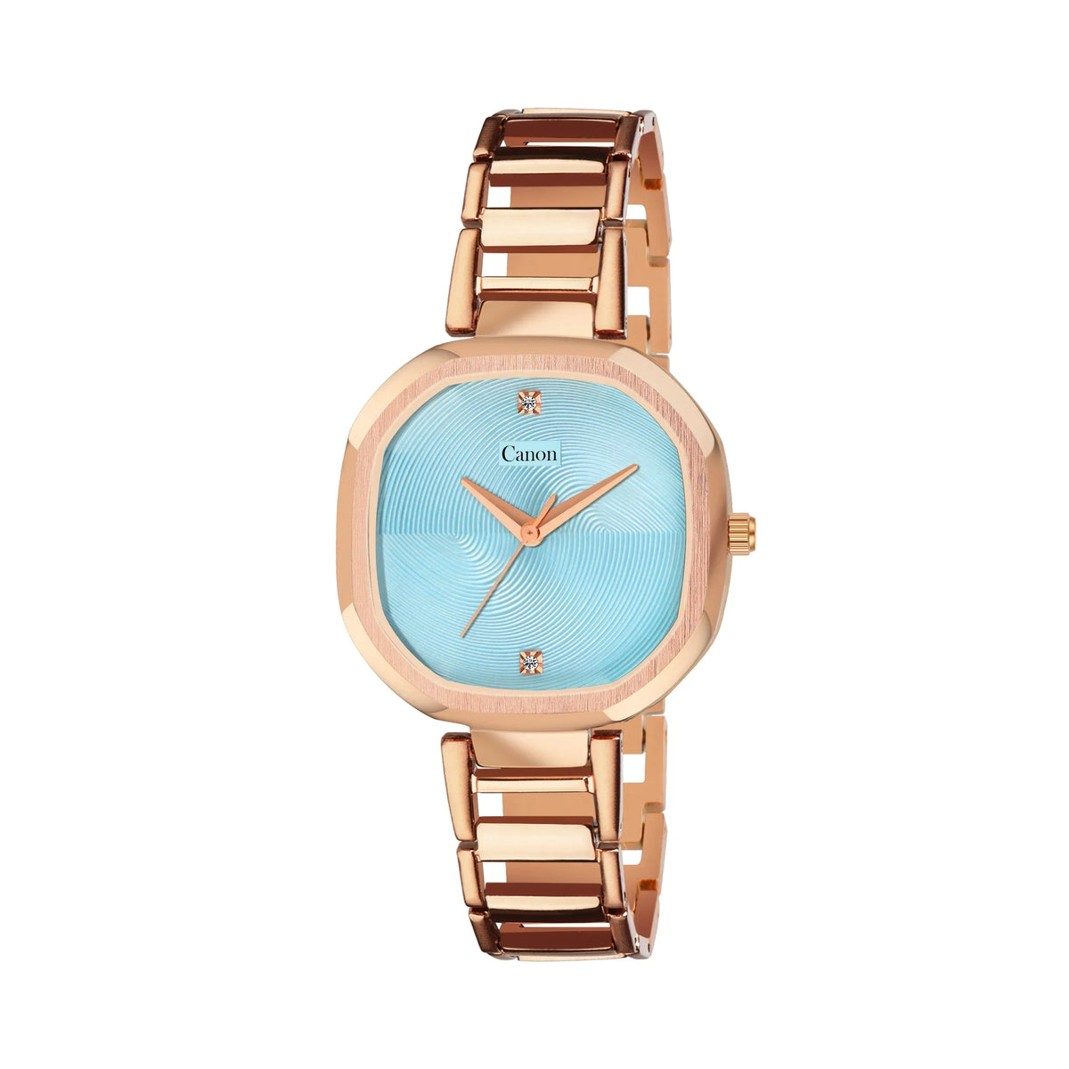 Rose gold analog watch with blue dial and link bracelet for women