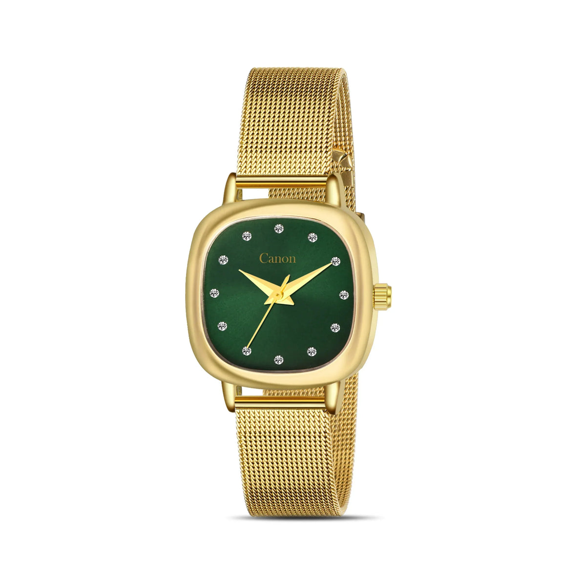 Gold mesh band analog watch with green square dial and crystal hour markers