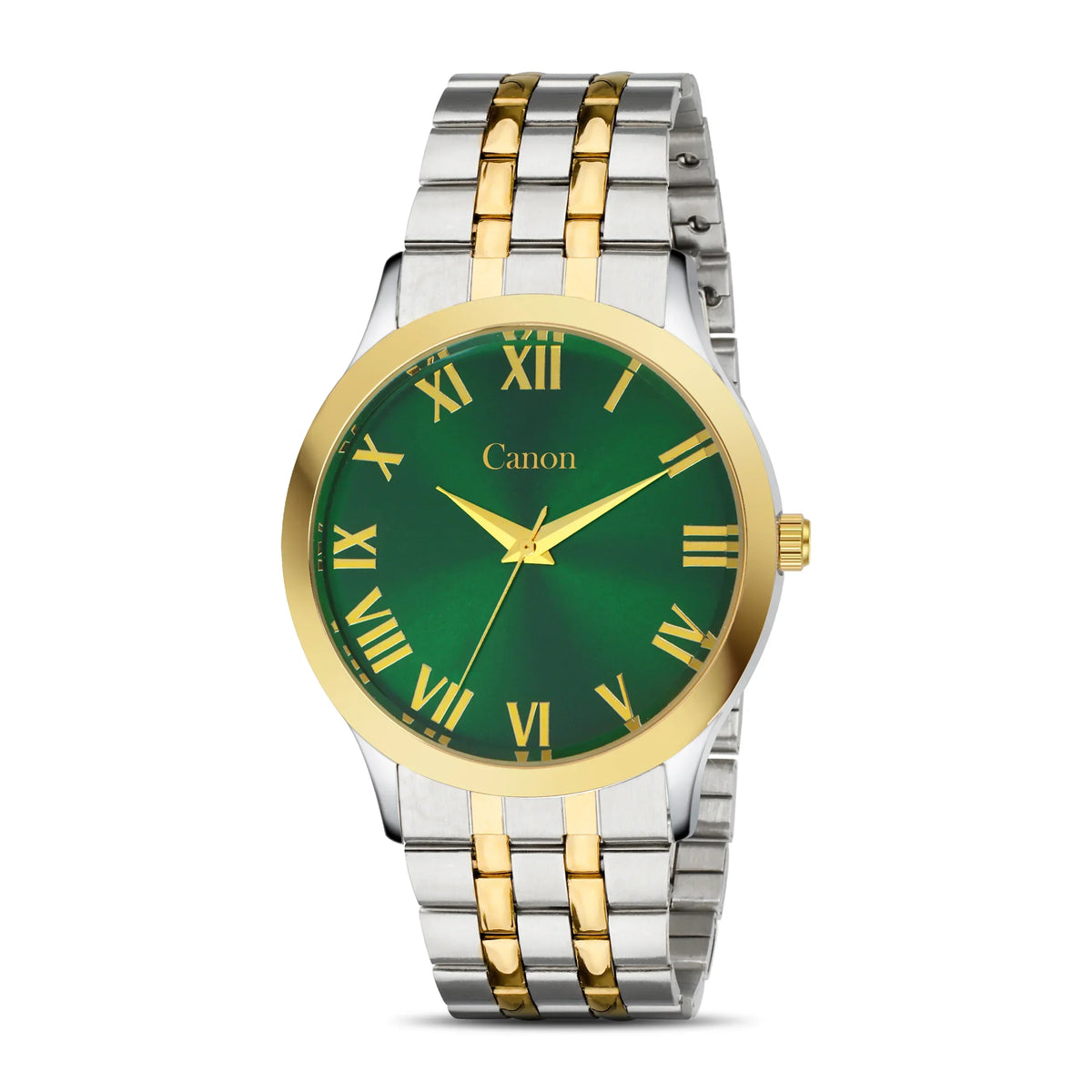 Analog wristwatch with green dial, gold Roman numerals, and silver-gold metal band.