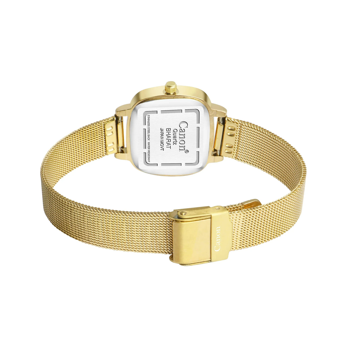 Back view of a gold analog watch with mesh strap and stainless steel case
