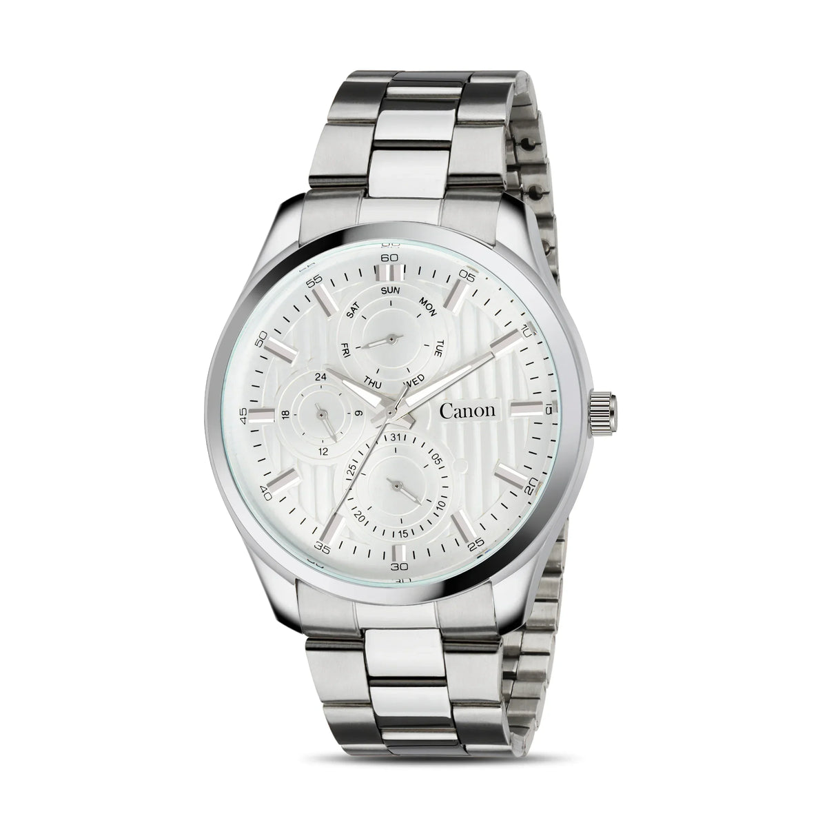 Silver analog men's watch with chronograph features and stainless steel band