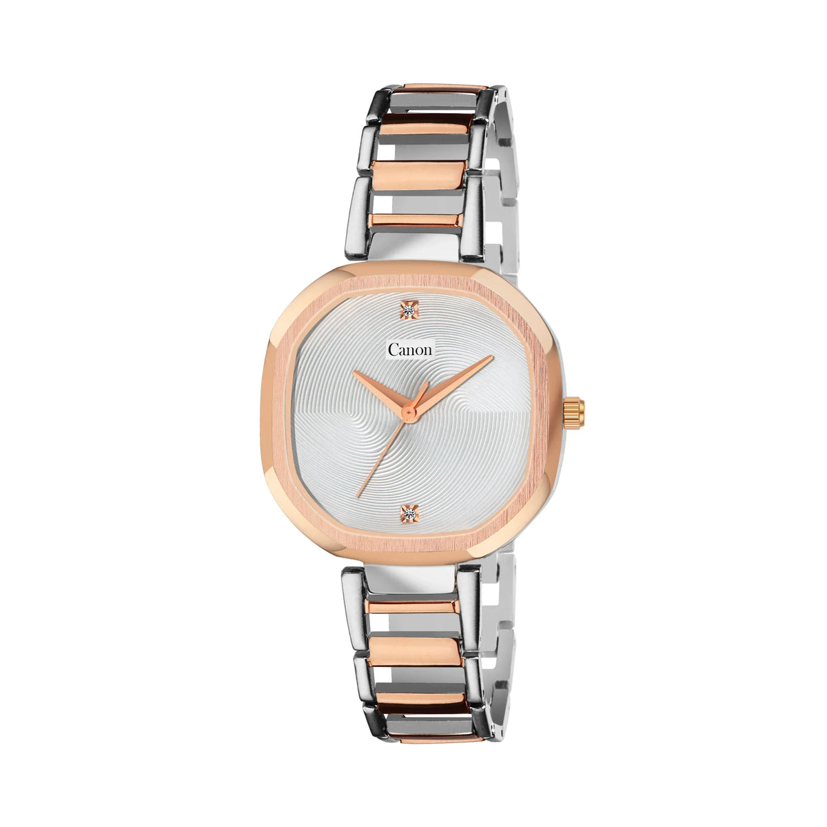 Elegant analog wristwatch with silver and rose gold metal strap and square dial