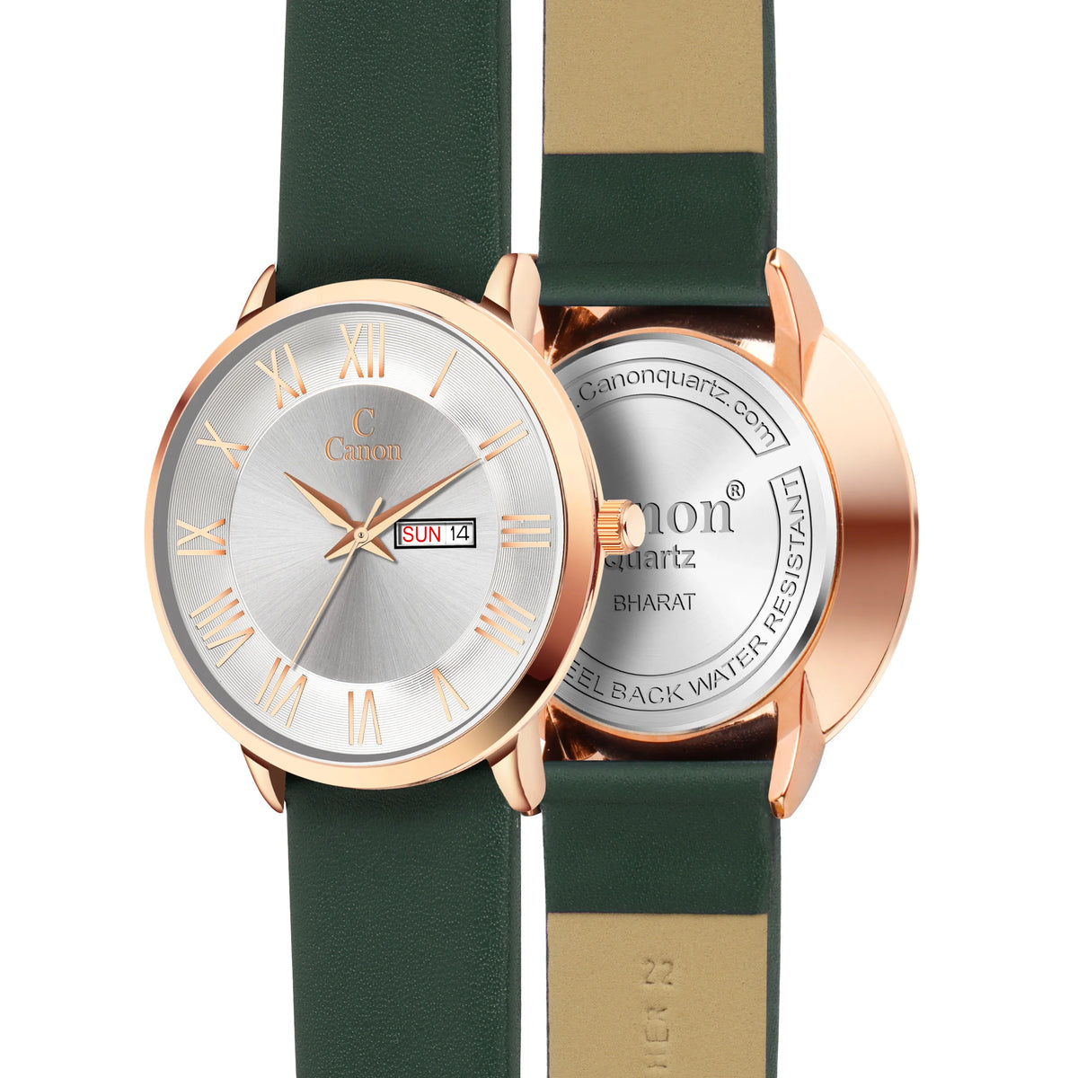 Analog wristwatch with green leather strap, rose gold case, silver dial, Roman numerals, day-date display