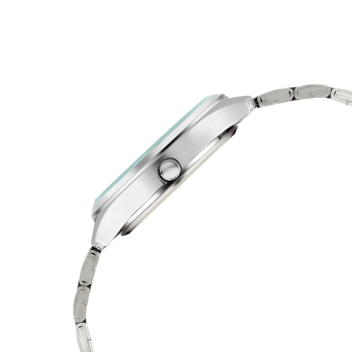 Side view of a slim silver analog watch with metal link band and crown