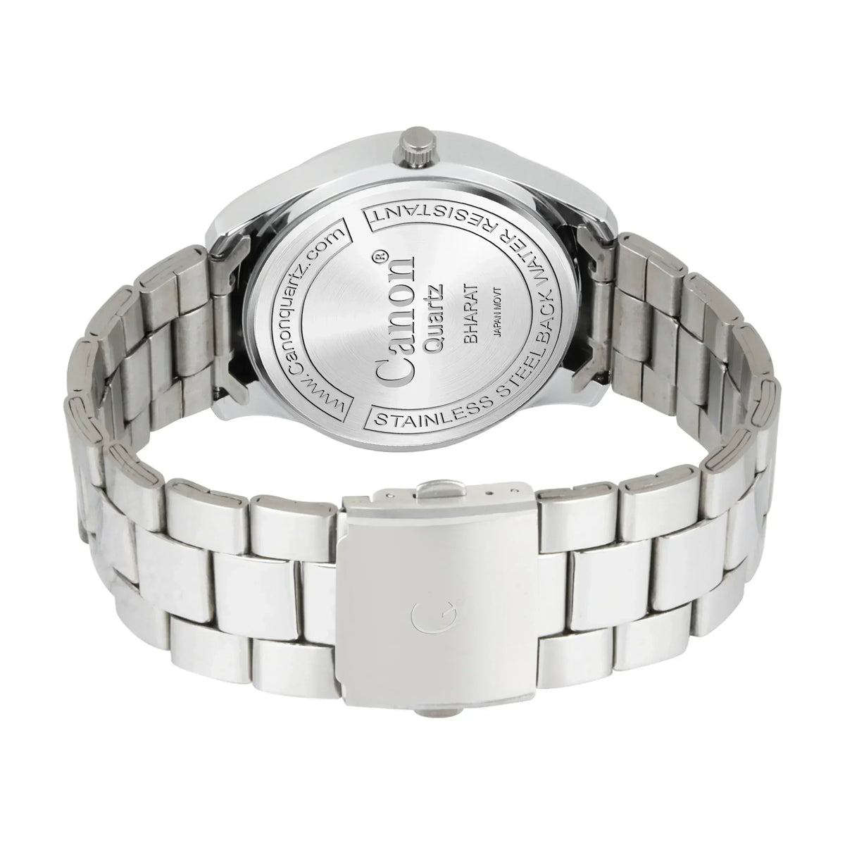 Stainless steel analog watch back view with metal bracelet and visible case markings.