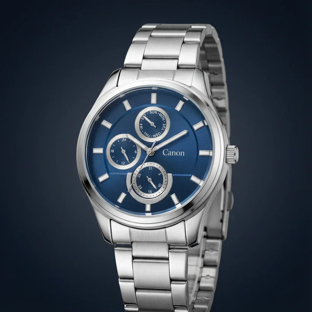 Silver analog watch with blue dial, multifunction subdials, and metal bracelet for men