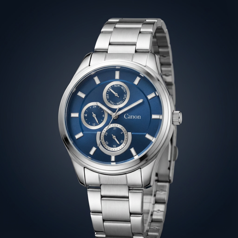 Canon Quartz analog watch with blue dial and silver metal band, premium men's design