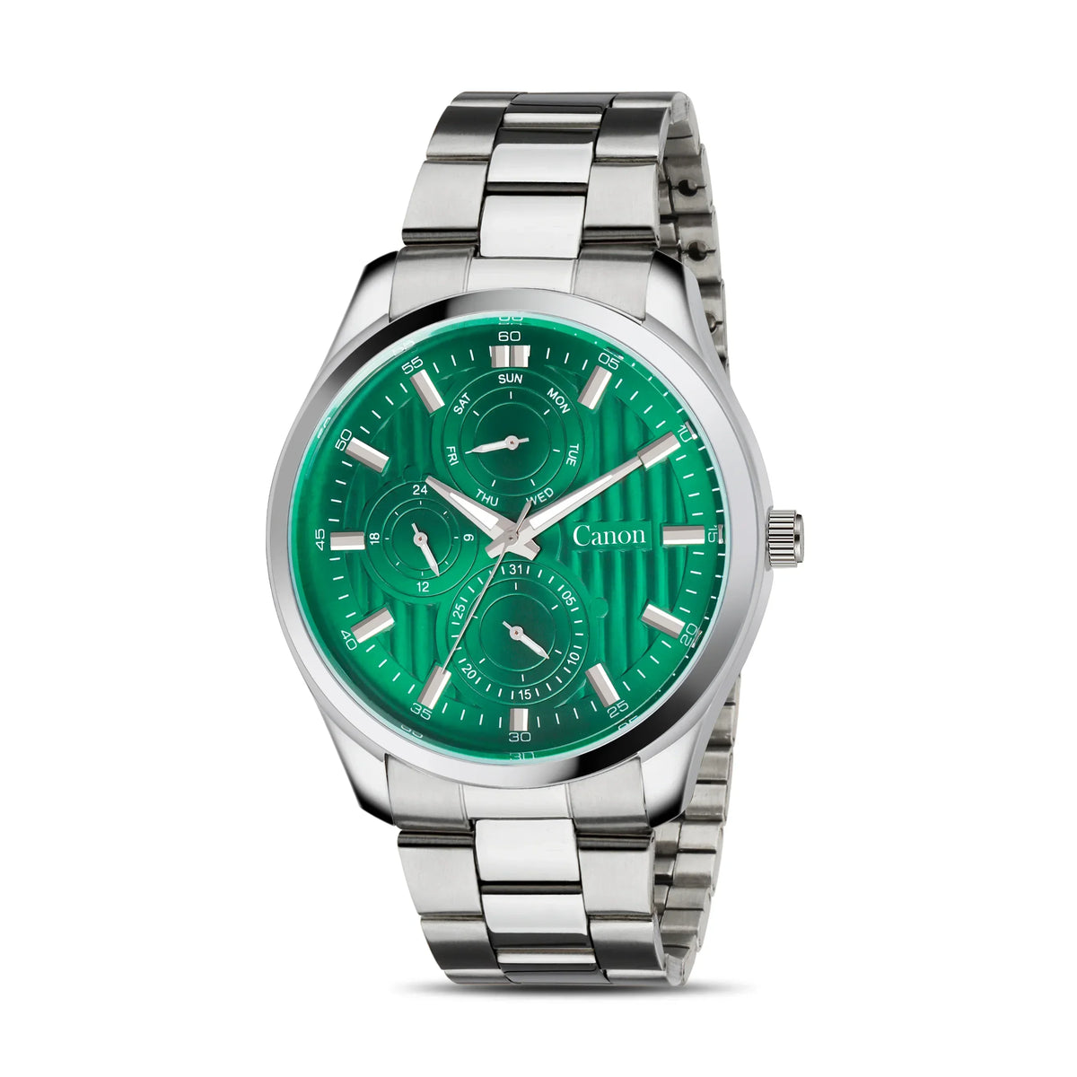 Men's analog watch with silver metal band and green multi-dial face on white background.