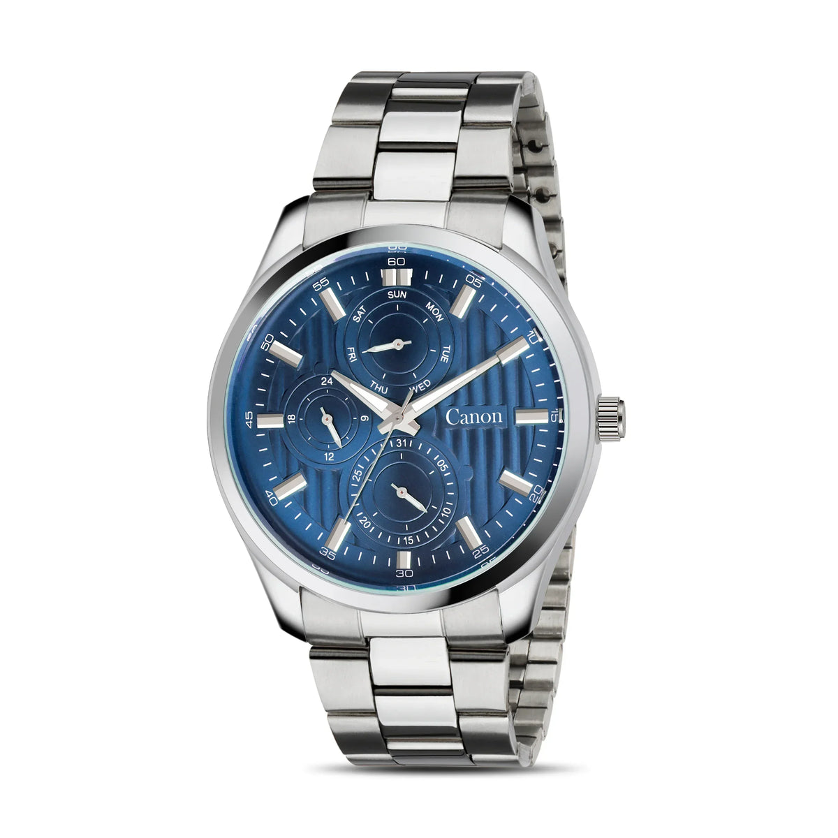 Men's analog quartz watch with blue dial, subdials, and silver metal bracelet