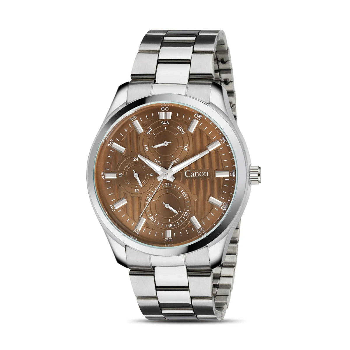 Men's analog stainless steel watch with brown textured dial and chronograph features