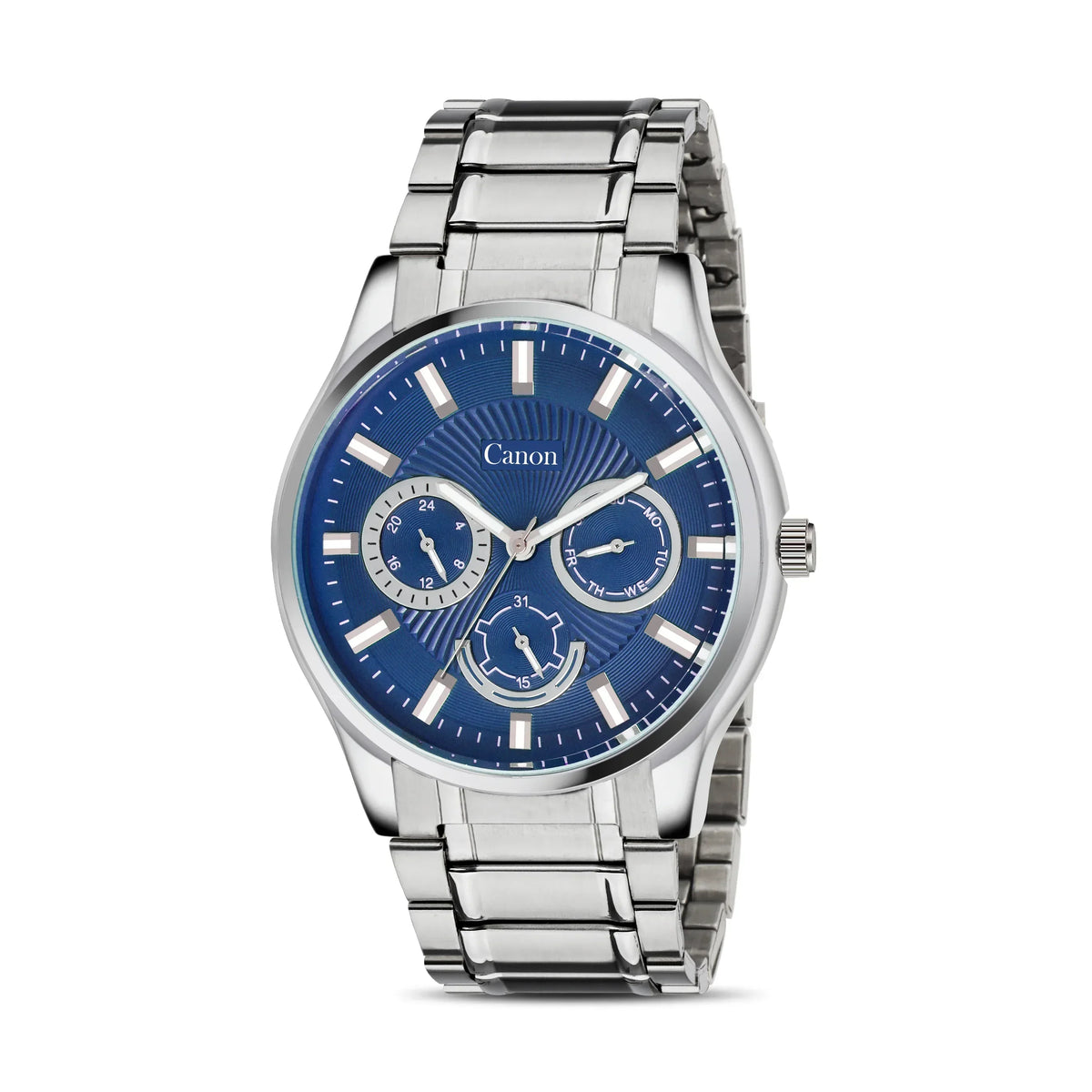 Men's analog wristwatch with blue dial, silver stainless steel band, multiple subdials