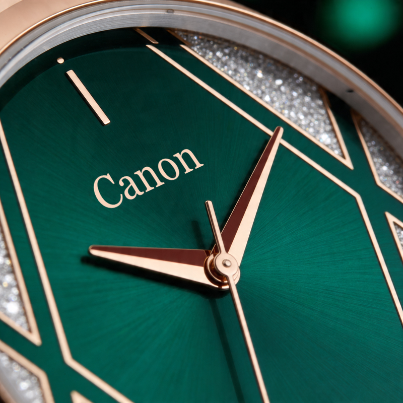 Luxury analog watch with green sunburst dial, gold hands, geometric accents, and sparkling details