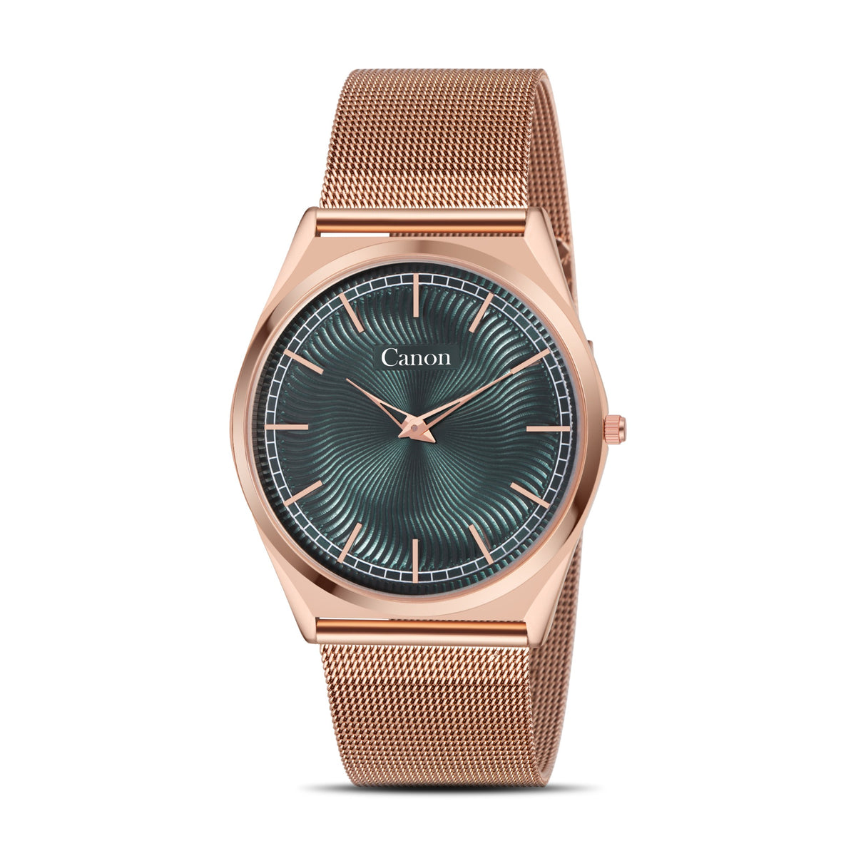 Canon Quartz CN-529 slim green wave dial rose gold mesh watch for men