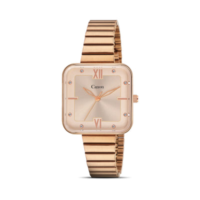 Rose gold square wristwatch with crystal markers and expandable metal band