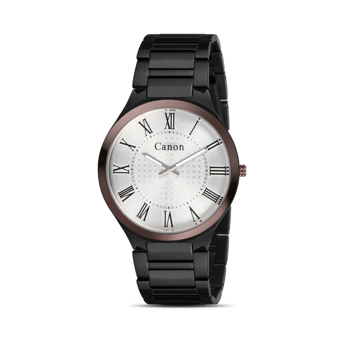 Canon analog watch with black metal band, white dial, Roman numerals, and rose gold accents