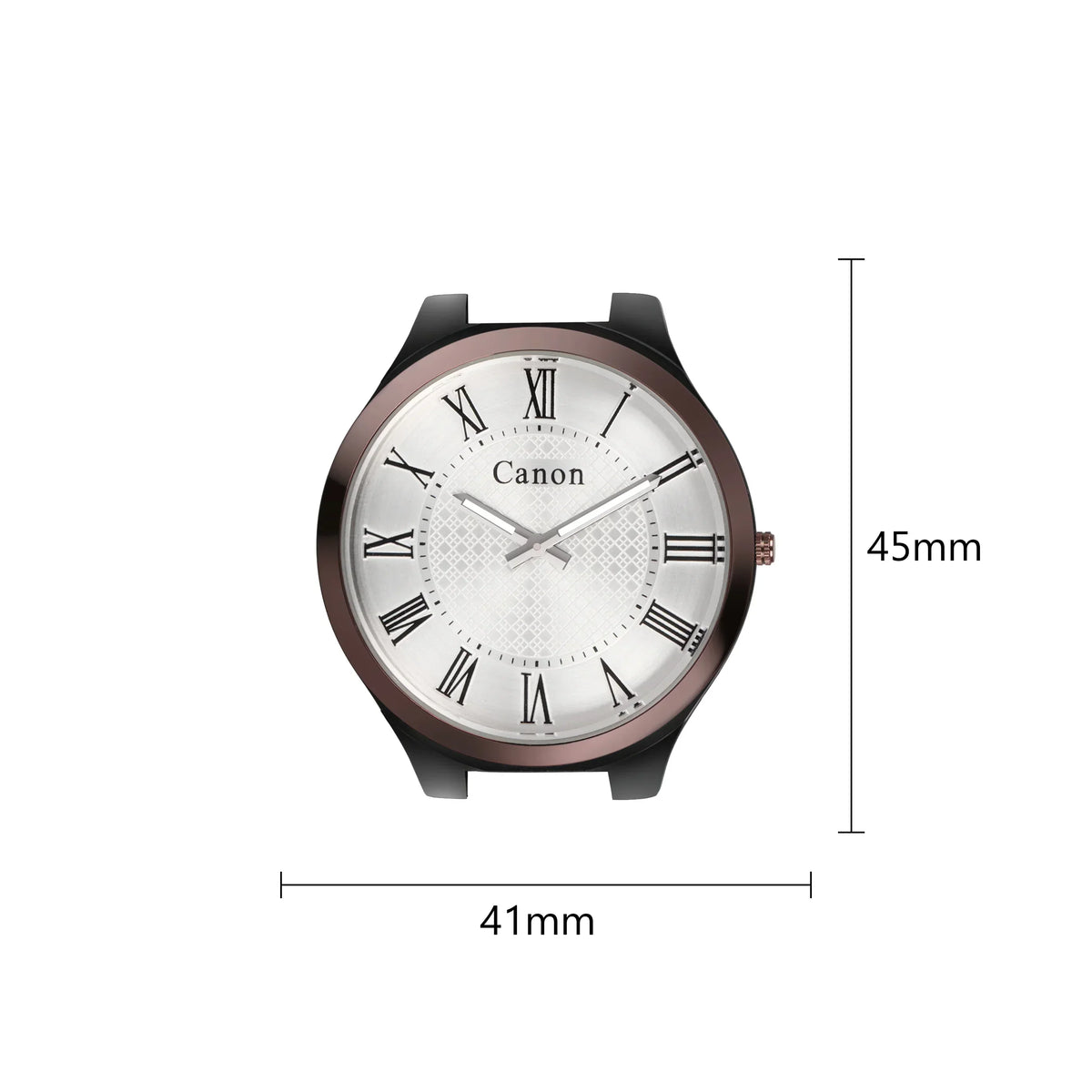 Canon analog watch with Roman numerals, 45mm case, silver dial, black strap, classic design