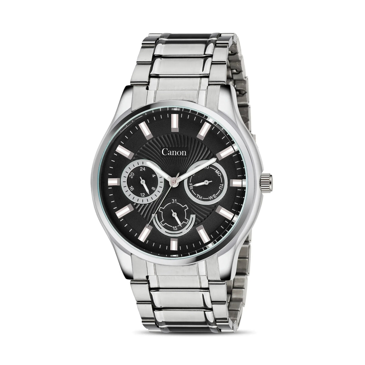 Men's stainless steel analog watch with black dial, multi-function subdials, silver bracelet