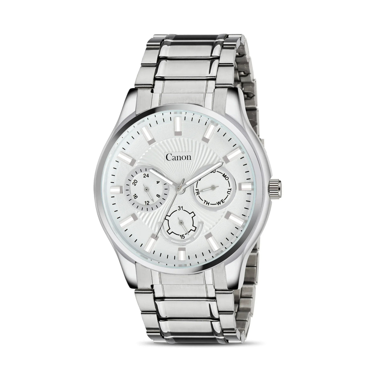 Men’s silver analog watch with stainless steel band and multiple subdials on white face
