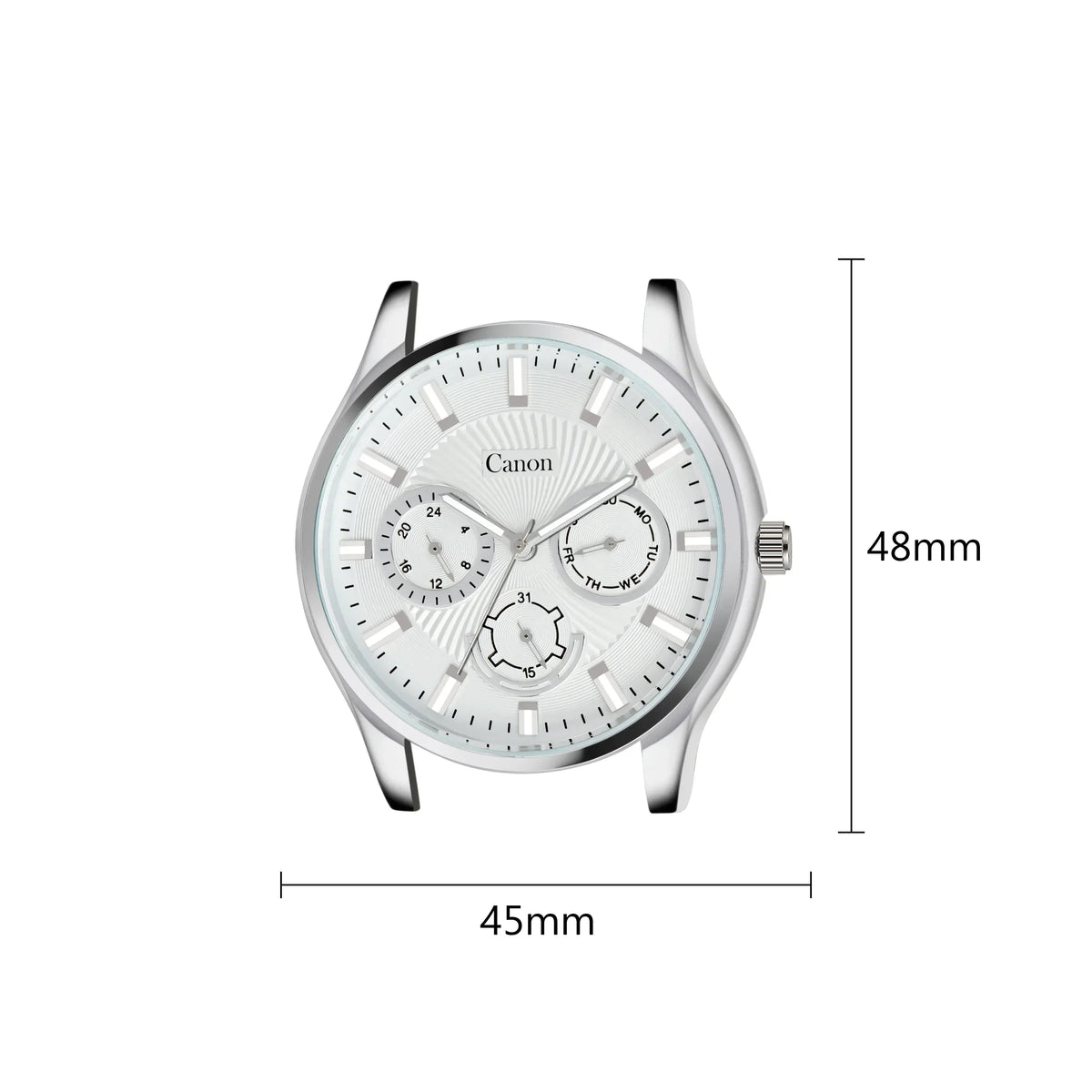 Silver analog watch face with three subdials, 45mm width and 48mm height, white dial.