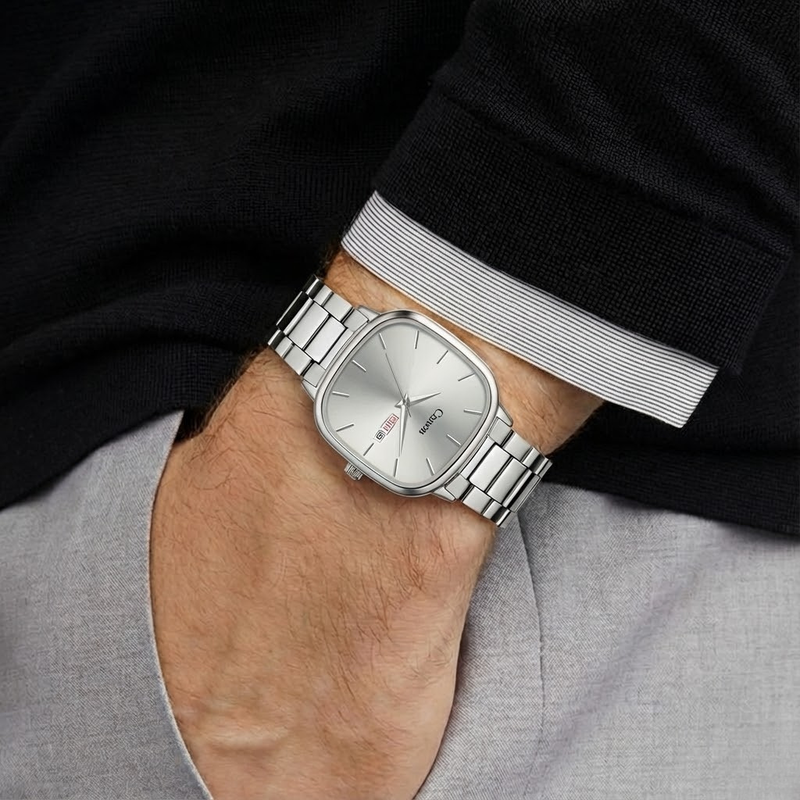 Canon Watches silver square analog men's watch with date display and metal bracelet