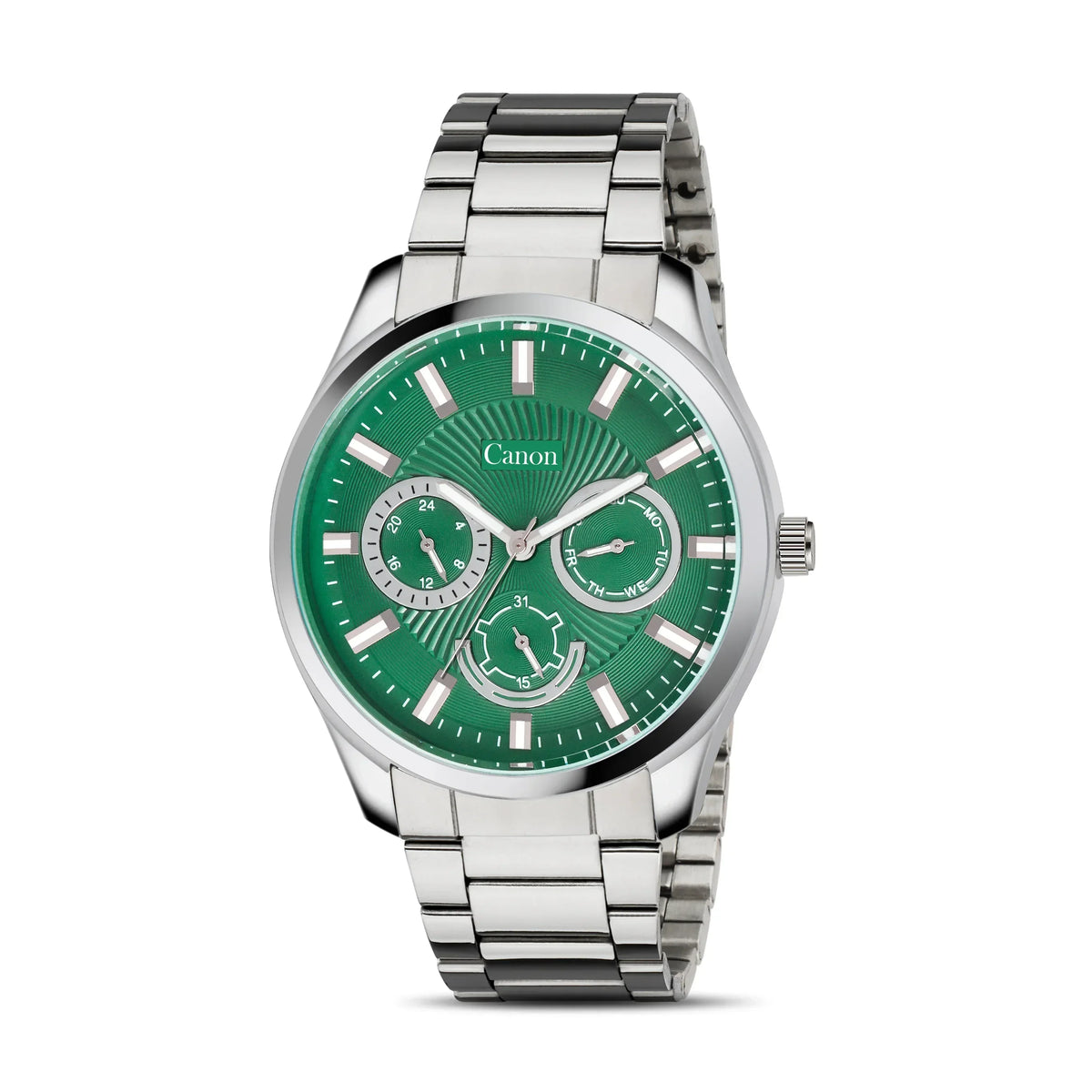 Men's analog watch with green dial, silver subdials, and stainless steel band