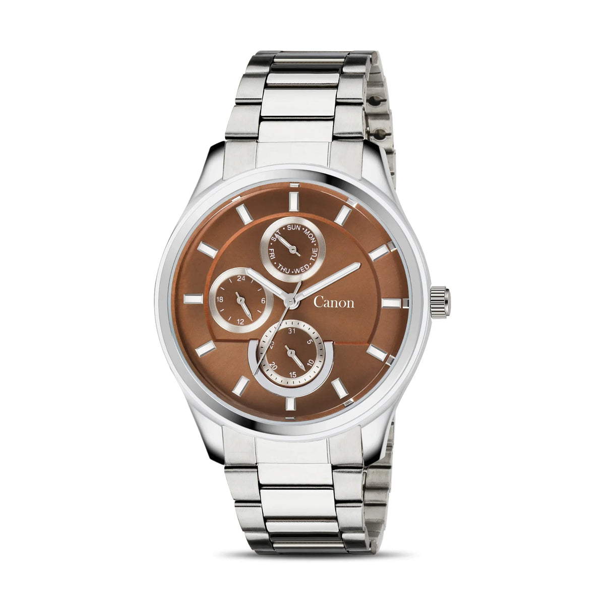 Stainless steel analog watch with brown dial, three subdials, and silver hour markers