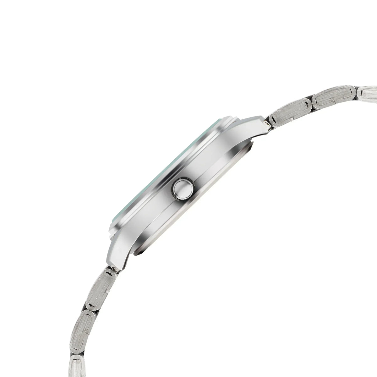 Side view of a silver analog watch with a metal link band and sleek round case
