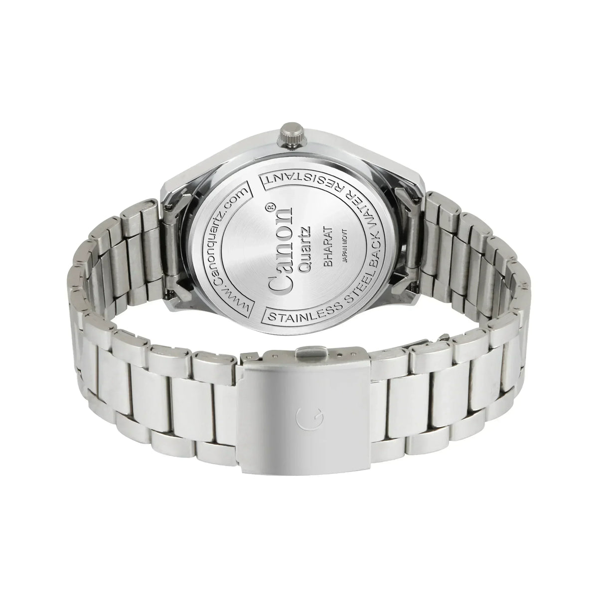 Stainless steel analog watch with silver metal band and etched case back details