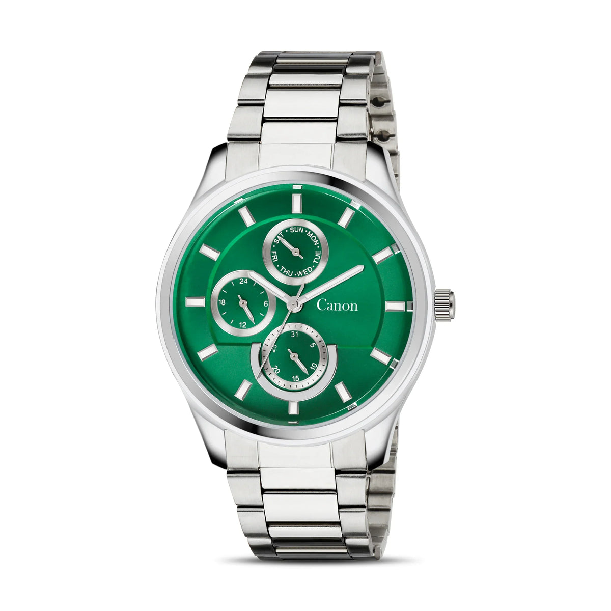 Analog wristwatch with green dial, silver markers, subdials, and stainless steel band