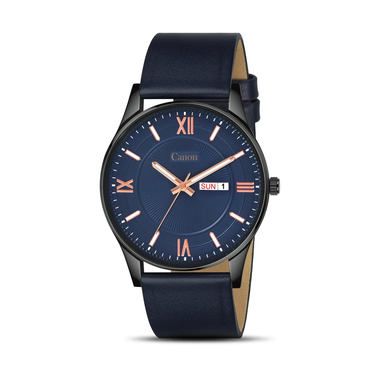 Blue analog wristwatch with rose gold Roman numerals, date and day display, leather strap