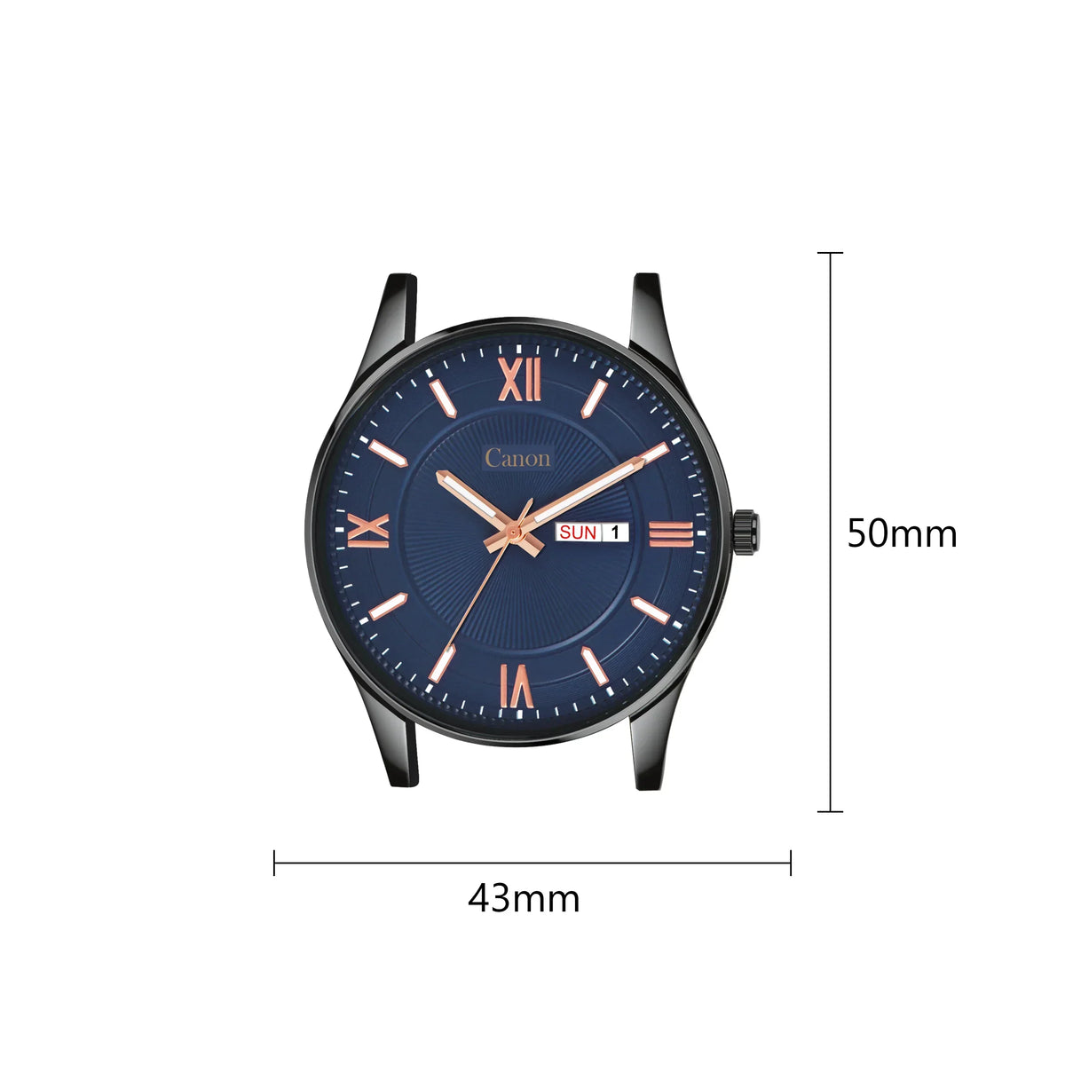 Analog watch with blue dial, gold Roman numerals, day-date display, 43mm by 50mm case