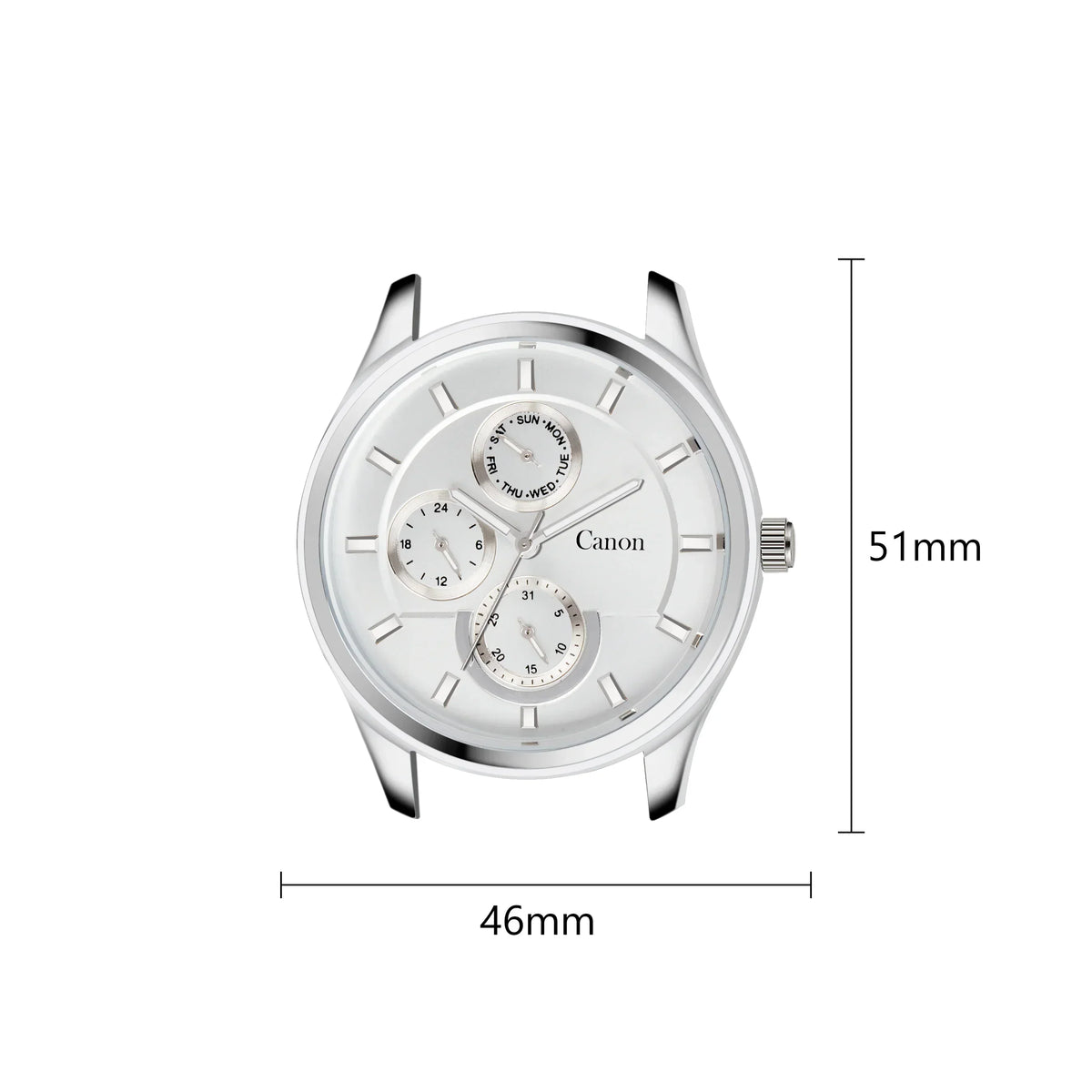 Silver analog watch face with three subdials, 46mm width and 51mm height dimensions shown