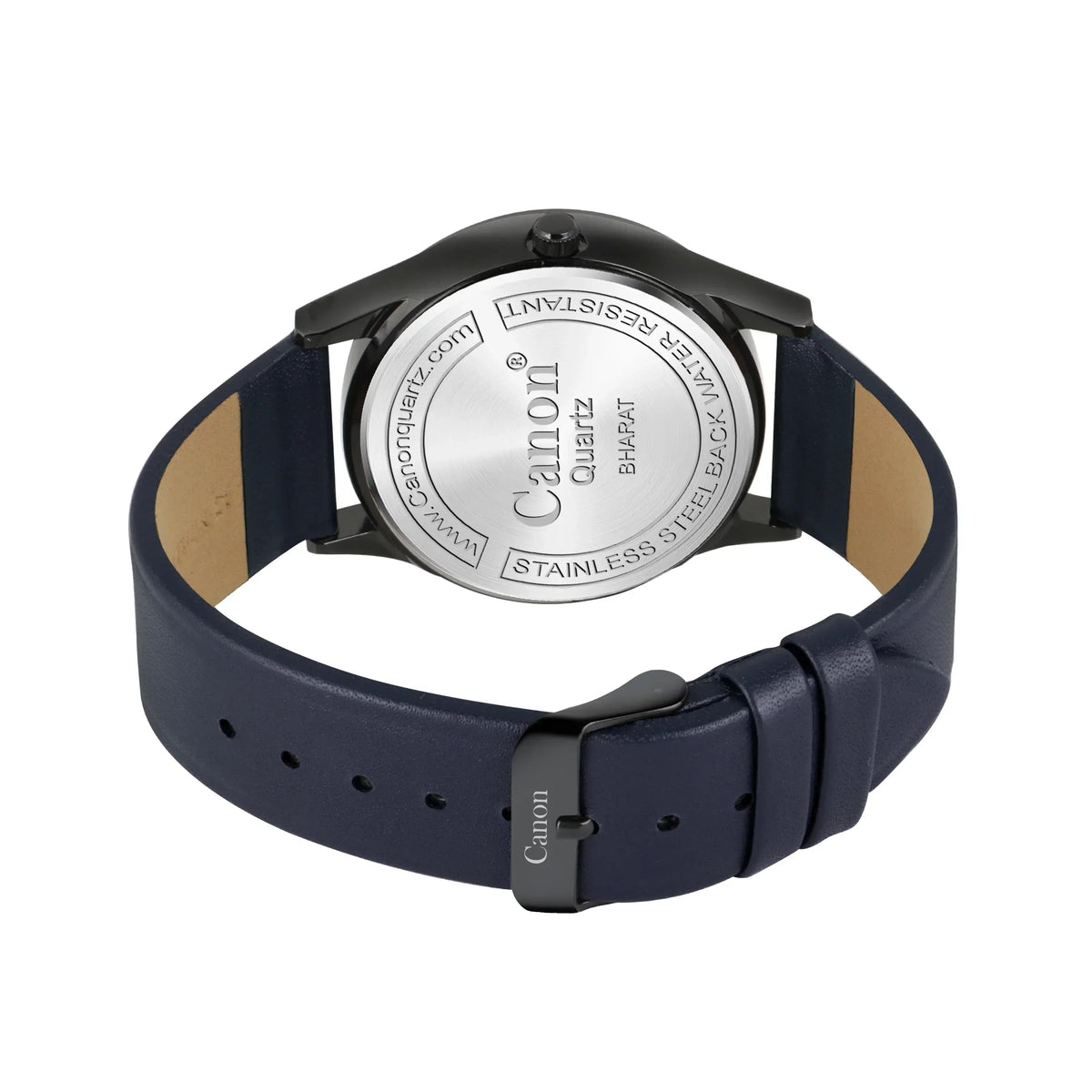 Men’s analog watch with navy blue leather strap and stainless steel back case
