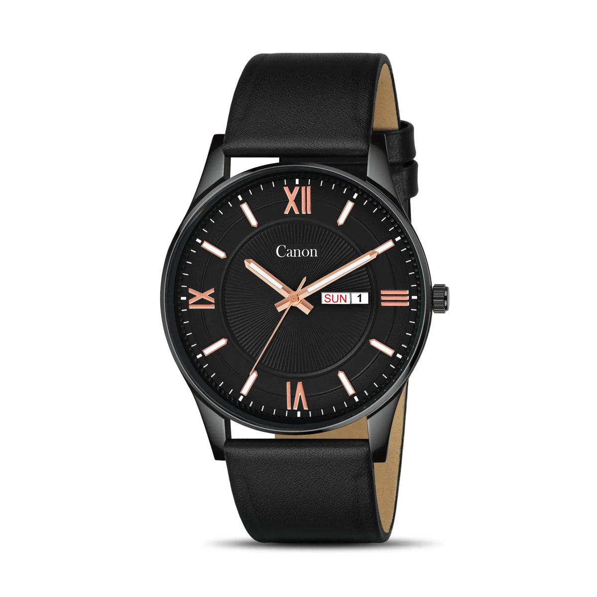 Black analog wristwatch with Roman numerals, date display, and leather strap