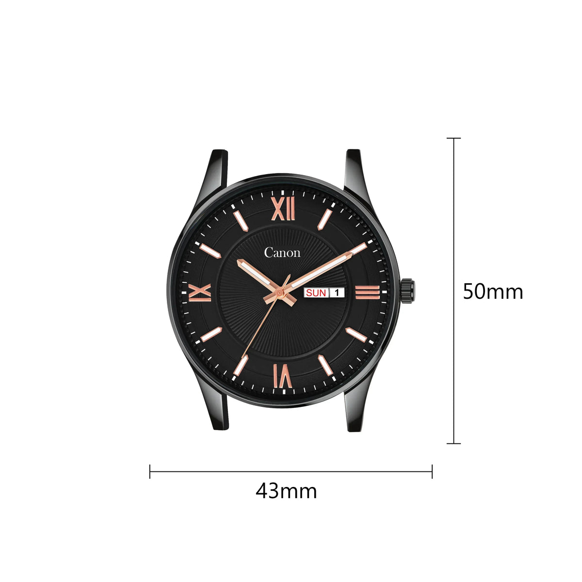 Black analog men's watch with rose gold Roman numerals, date display, 43mm by 50mm case