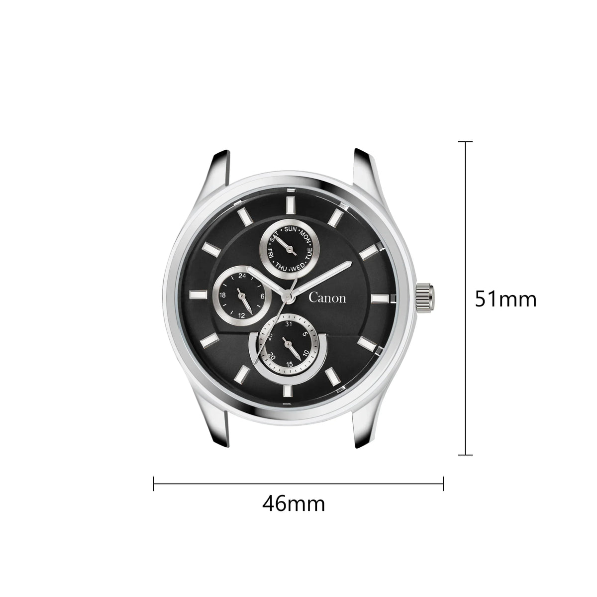 Analog men’s watch with black dial, silver case, calendar subdials, 46mm by 51mm size.